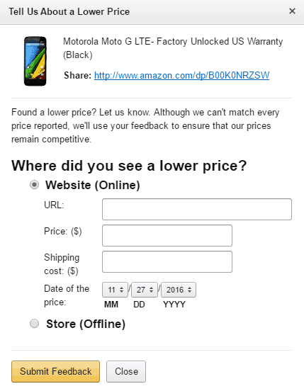 Amazon Price match details form