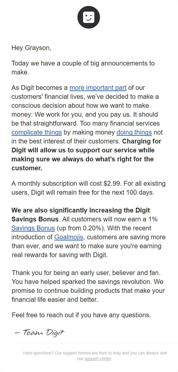 The email from Digit about charging a fee